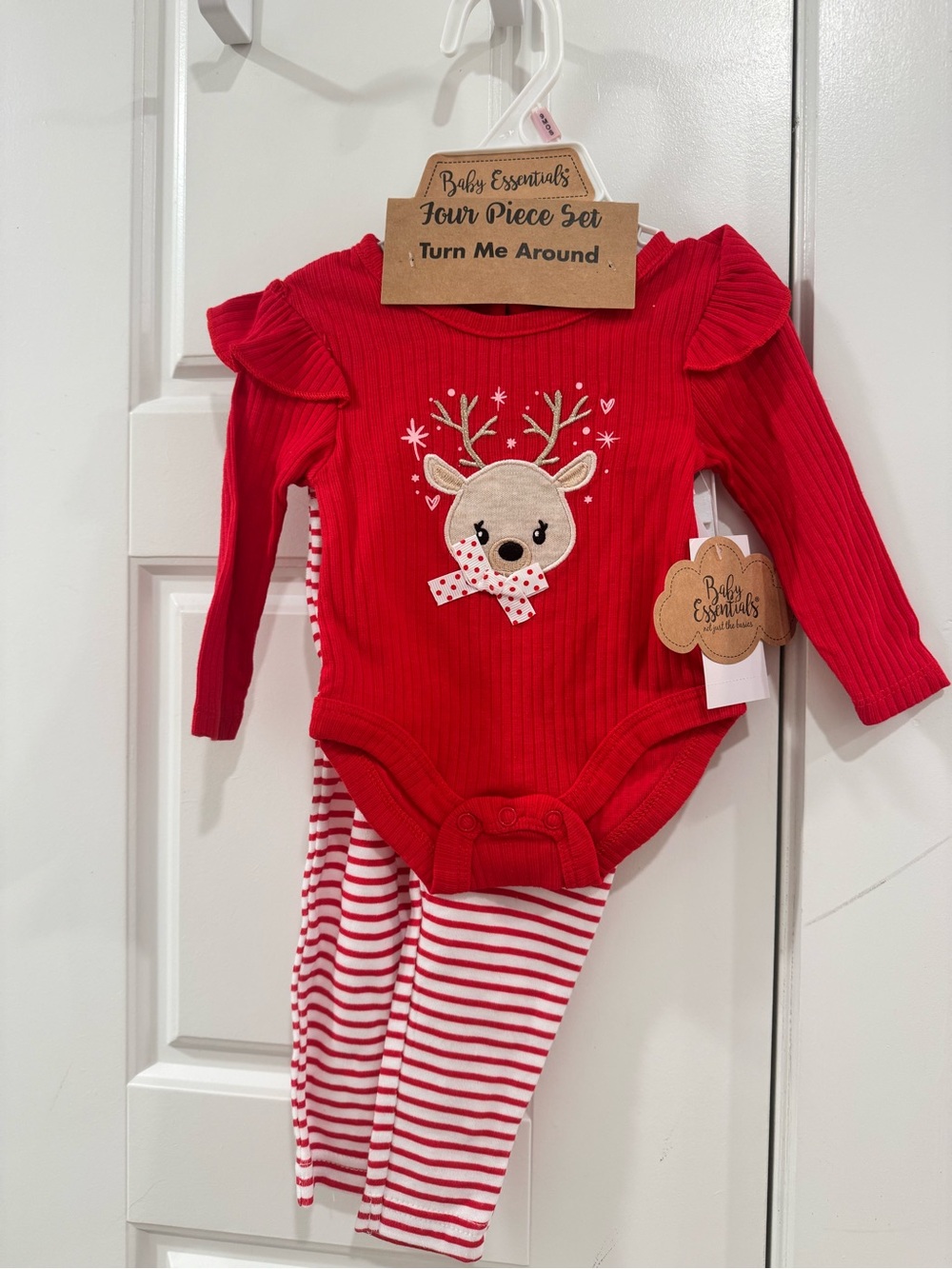 Baby Essentials Red Ribbed Reindeer Bodysuit with Striped Pants